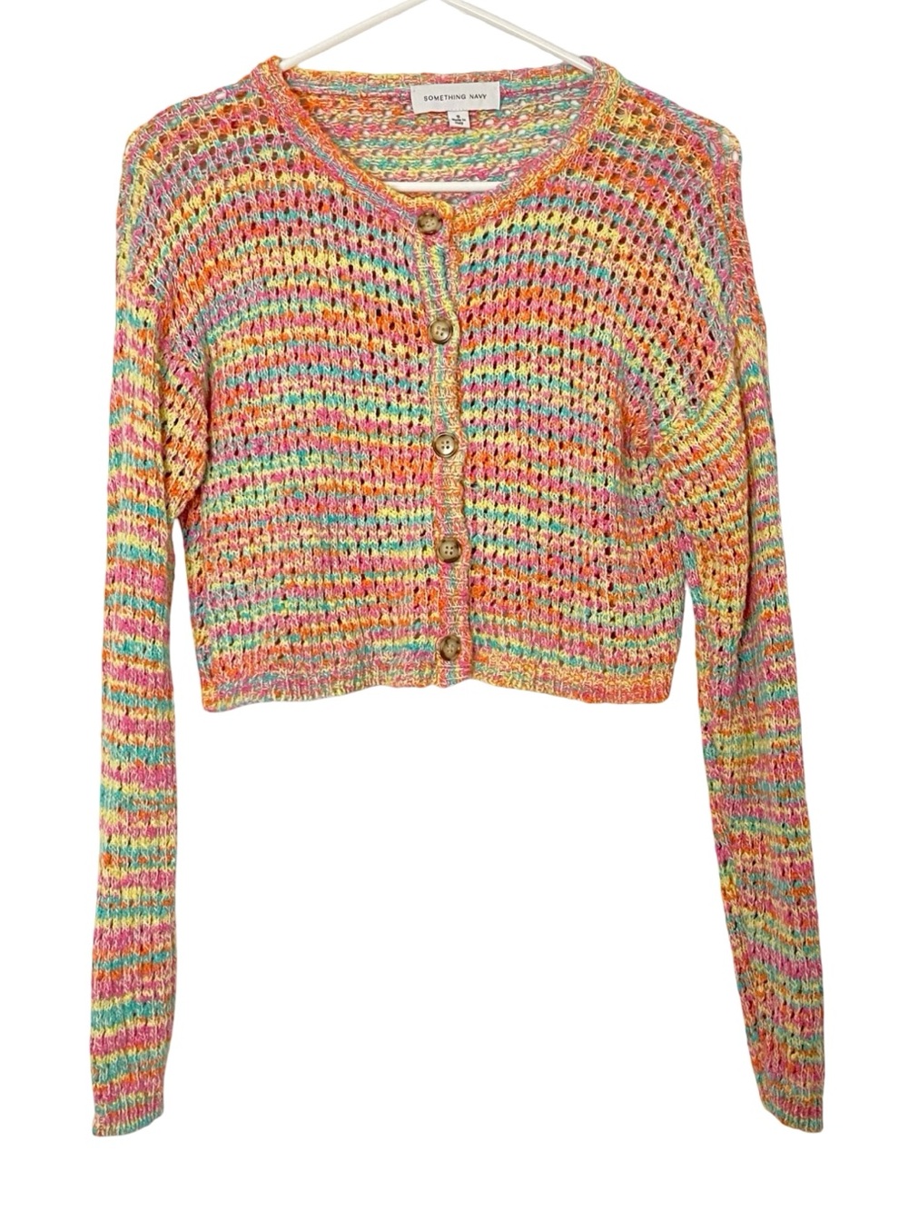 Something Navy Cardigan Sweater Womens Size Small Colorful Crop Button Down